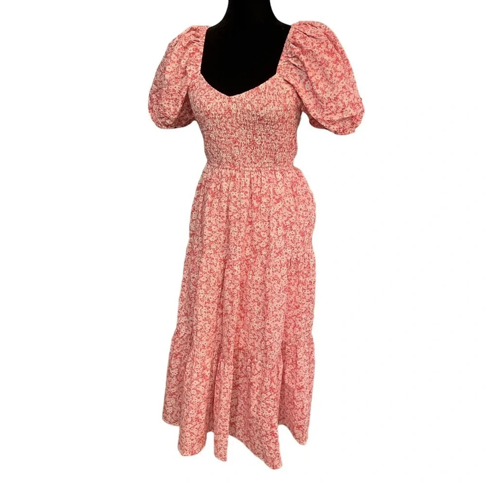 Moon River Smocked Puff Sleeve Midi Dress Tiered Skirt in Pink Womens Small